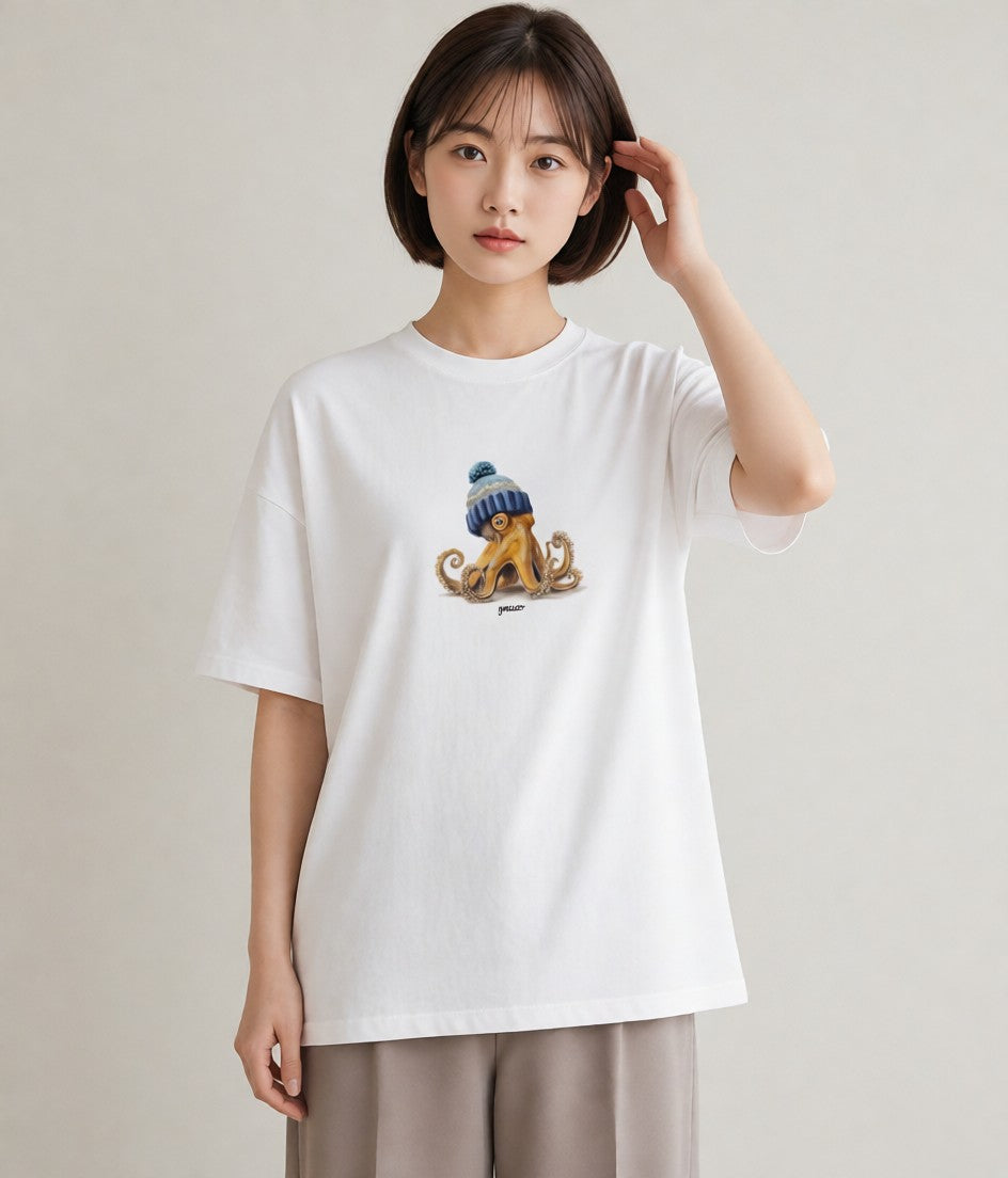 プリントTシャツ レディース イカ 海の生き物 海 イラスト ラフ 女子会 お揃い 白T YMAZO