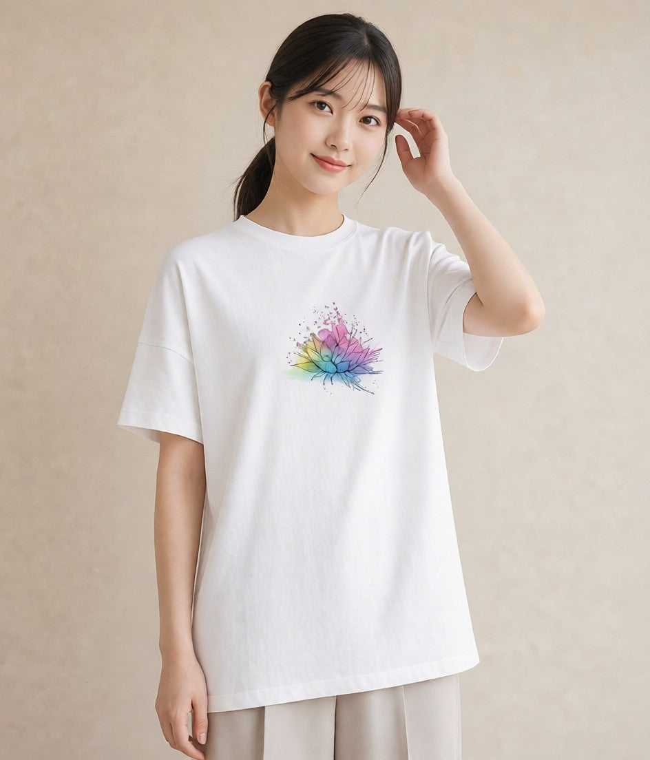 プリントTシャツ レディース 虹 星空 宇宙 イラスト 線画 散歩 お出かけ 白T YMAZO