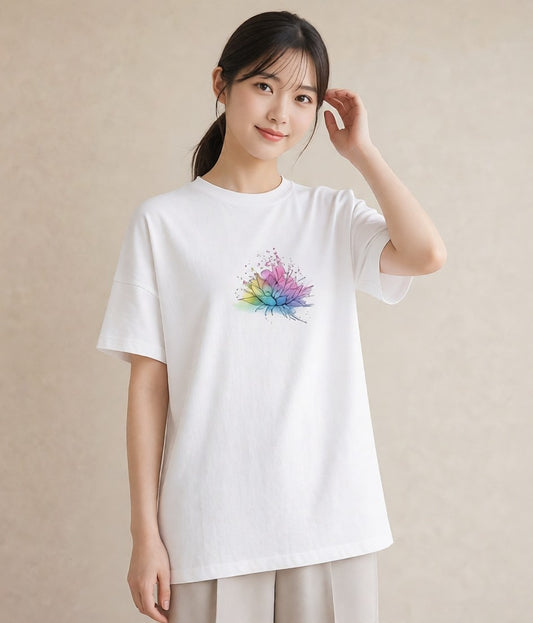 プリントTシャツ レディース 虹 星空 宇宙 イラスト 線画 散歩 お出かけ 白T YMAZO