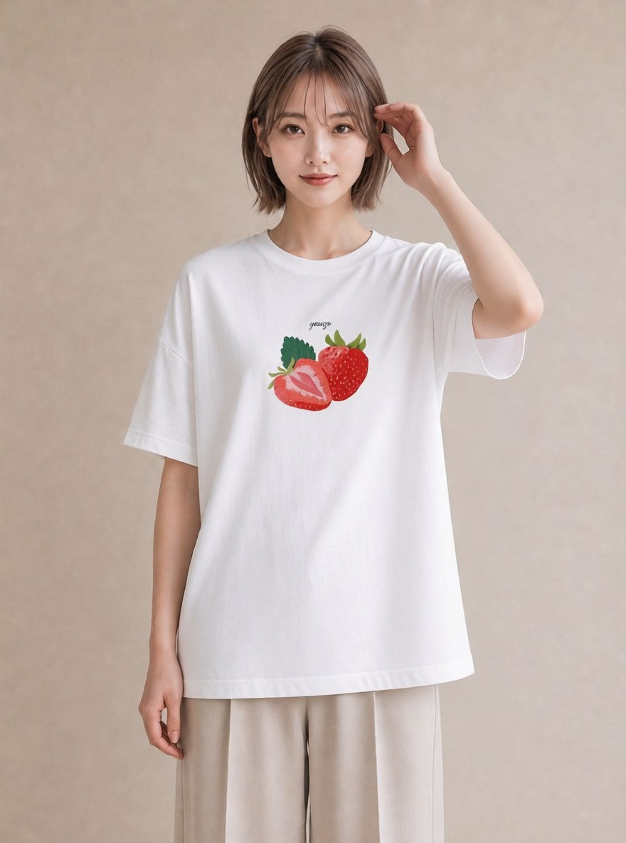 半袖Tシャツ レディース ショートケーキ 食べ物 フード イラスト ラフ レイヤード 友達ギフト 白T YMAZO