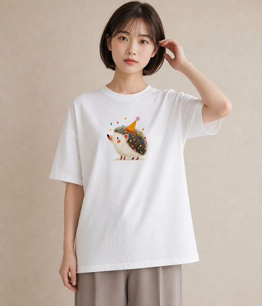 半袖Tシャツ レディース ハリネズミ ペット 動物 イラスト ガーリー 休日 ペアコーデ 白T YMAZO
