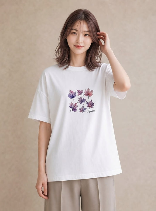 Tシャツ レディース 落ち葉 植物 ボタニカル イラスト ラフカジュアル 週末コーデ 敬老の日 白T YMAZO