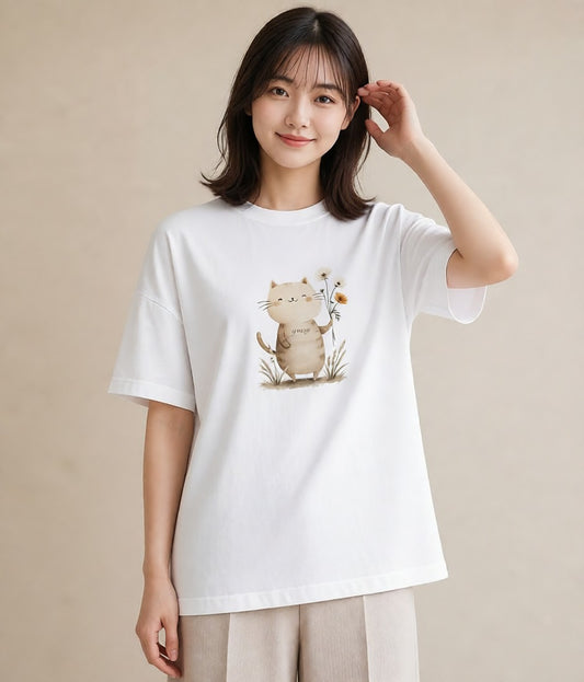 デザインTシャツ レディース ニャンコ 猫 ねこ イラスト シック お揃い 親子 白T YMAZO