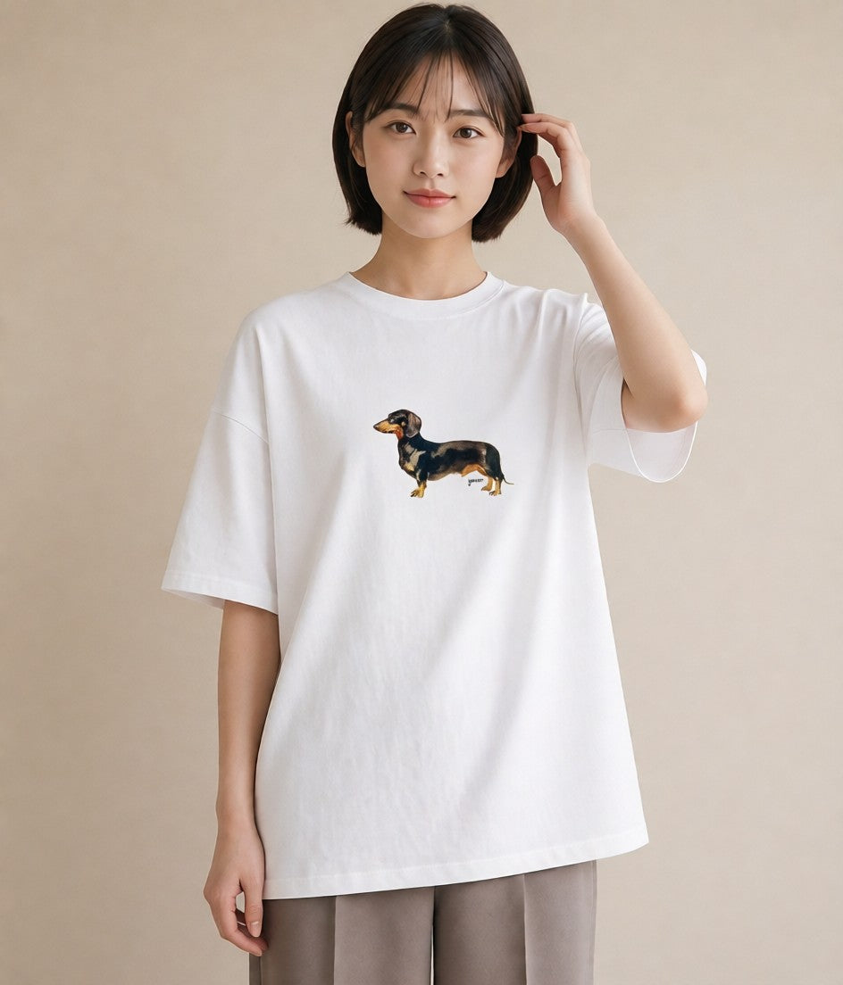 半袖Tシャツ レディース ミニチュアダックスフンド 犬 いぬ イラスト モード ルームウェア ギフト 白T YMAZO