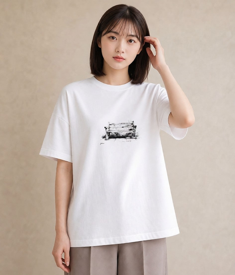 グラフィックTシャツ レディース 雨上がりのベンチ ベンチ ナチュラル アンティーク イラスト 北欧風 母娘コーデ 自分用 白T YMAZO