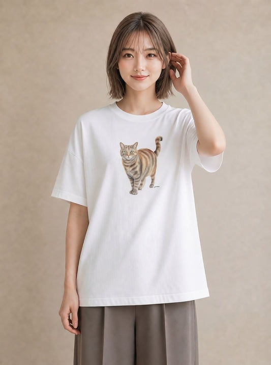 半袖Tシャツ レディース アメリカンショートヘア 猫 ねこ イラスト カフェコーデ 公園 ママ 白T YMAZO