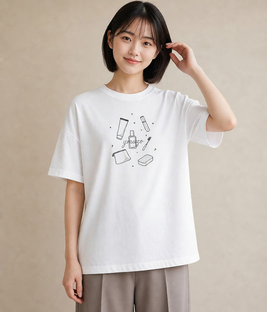 グラフィックTシャツ レディース パールピアス アクセサリー ナチュラル アンティーク イラスト 淡色 ミセス 春コーデ 白T
