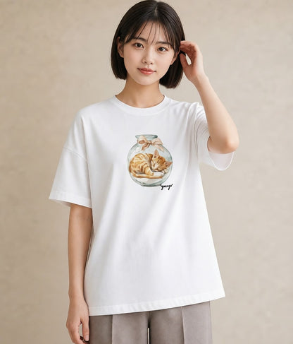Tシャツ レディース キジトラ 猫 ねこ イラスト 線画 クリスマス 旅行 白T YMAZO