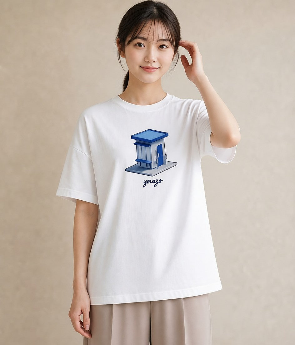 グラフィックTシャツ レディース 駅のホーム ローカル線 駅 ナチュラル アンティーク イラスト 水彩風 友達ギフト 部屋着 白T YMAZO