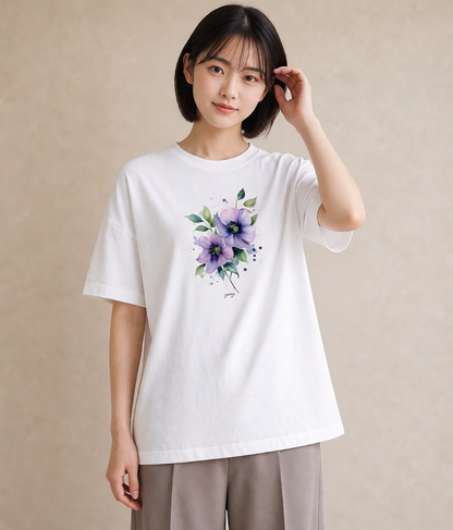 グラフィックTシャツ レディース パンジー 花 花柄 イラスト ポップ レイヤード 友達ギフト 白T
