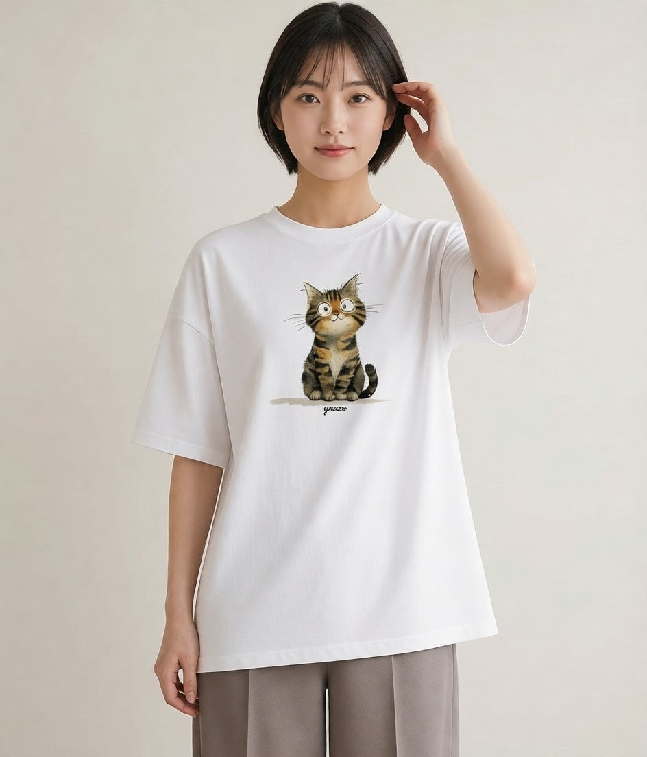 半袖Tシャツ レディース 猫好き 猫 ねこ イラスト モード 敬老の日 ホワイトデー 白T YMAZO