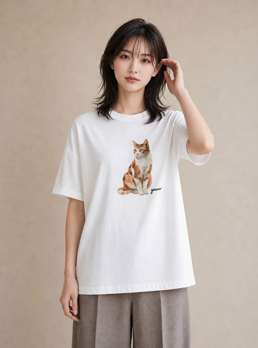グラフィックTシャツ レディース スコティッシュフォールド 猫 ねこ イラスト シンプル 送別ギフト 通勤 白T YMAZO