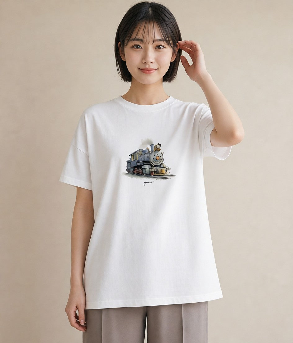 デザインTシャツ レディース 駅のホーム ローカル線 駅 ナチュラル アンティーク イラスト シンプル 姉妹 送別ギフト 白T YMAZO