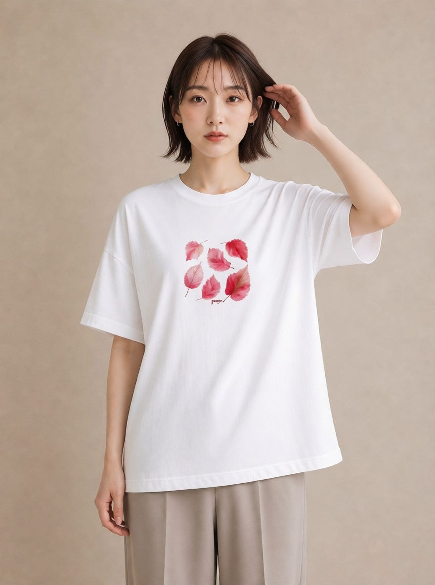 プリントTシャツ レディース 落ち葉 植物 ボタニカル イラスト こなれ感 春服 ミセス 白T YMAZO