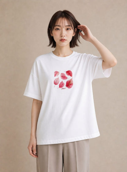 プリントTシャツ レディース 落ち葉 植物 ボタニカル イラスト こなれ感 春服 ミセス 白T YMAZO
