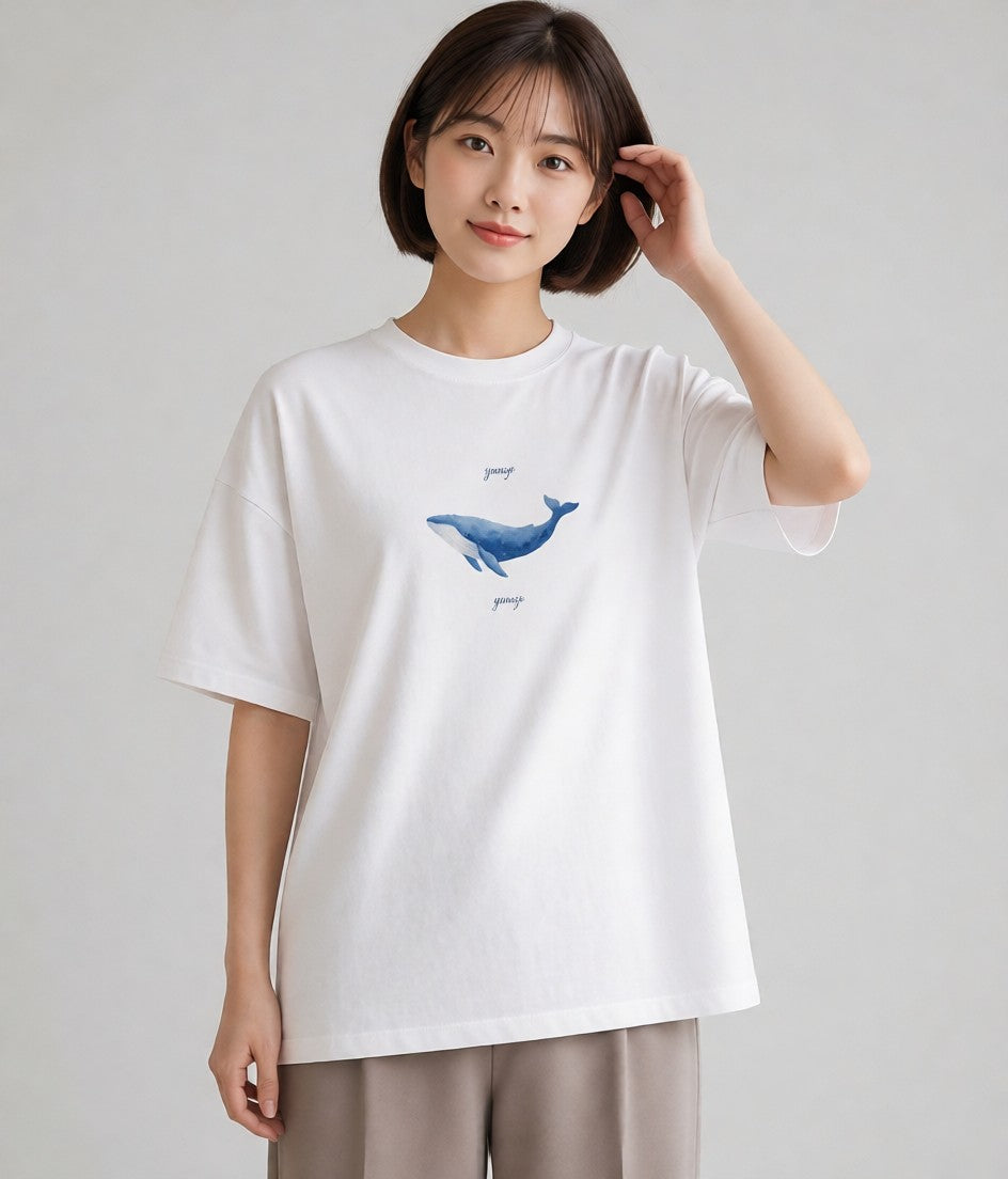 プリントTシャツ レディース ジンベエザメ 海の生き物 海 イラスト ゆるコーデ ペアコーデ 秋コーデ 白T YMAZO