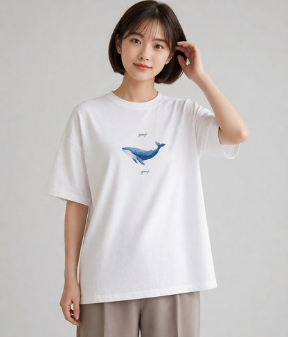 プリントTシャツ レディース ジンベエザメ 海の生き物 海 イラスト ゆるコーデ ペアコーデ 秋コーデ 白T YMAZO