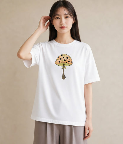 グラフィックTシャツ レディース きのこ 植物 ボタニカル イラスト 旅行コーデ 買い物 夏コーデ 白T YMAZO