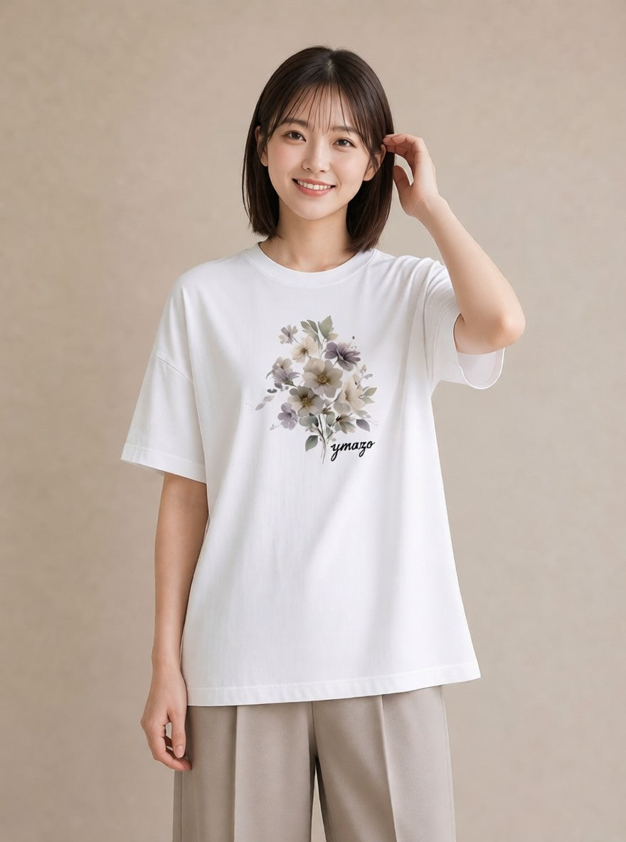 プリントTシャツ レディース 花 花柄 イラスト 買い物 夏コーデ 白T YMAZO