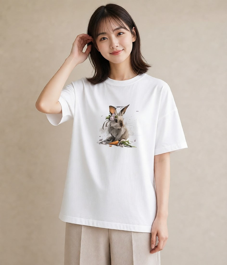 半袖Tシャツ レディース ネザーランドドワーフ ペット 動物 イラスト シンプル 友達ギフト 部屋着 白T YMAZO