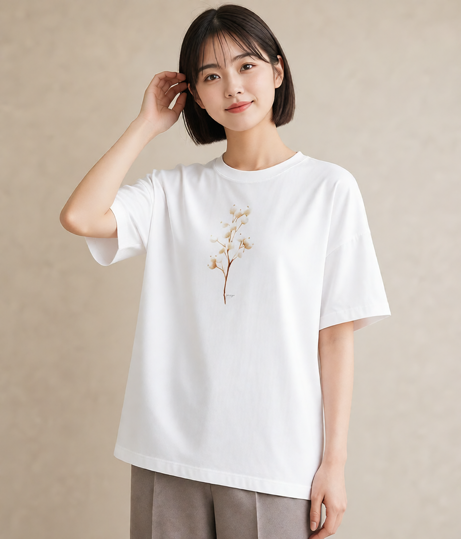 プリントTシャツ レディース カスミソウ かすみ草 花 花柄 イラスト ヴィンテージ風 休日 ペアコーデ 白T YMAZO