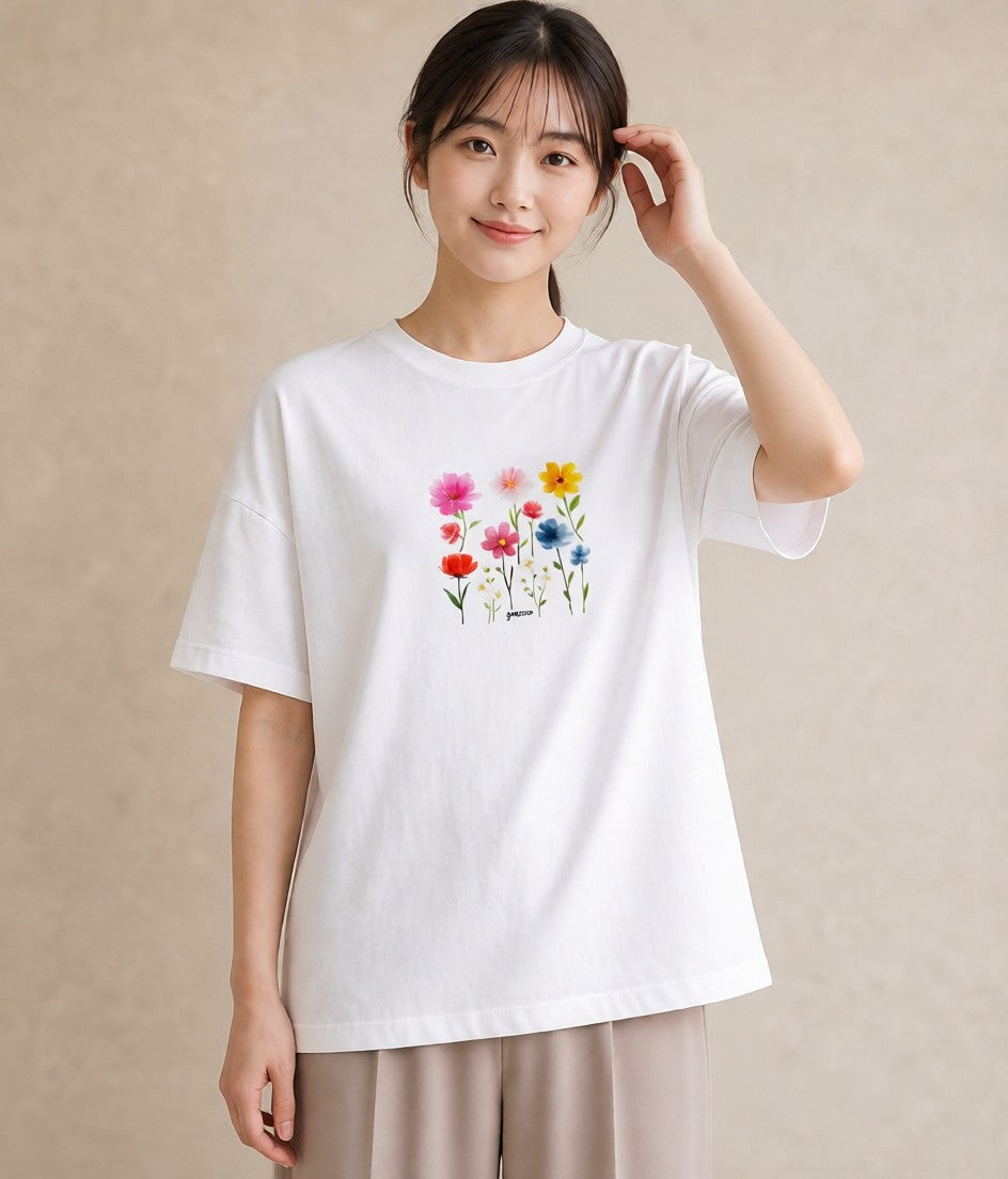 プリントTシャツ レディース コスモス 秋桜 花 花柄 イラスト ニュアンス レイヤード 友達ギフト 白T YMAZO