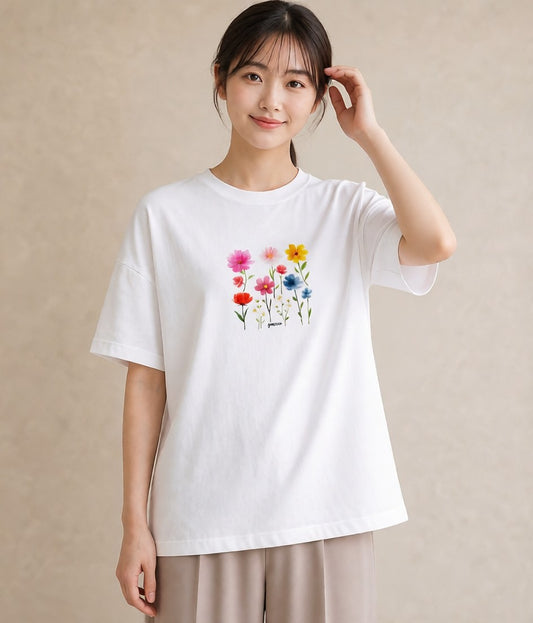 プリントTシャツ レディース コスモス 秋桜 花 花柄 イラスト ニュアンス レイヤード 友達ギフト 白T YMAZO