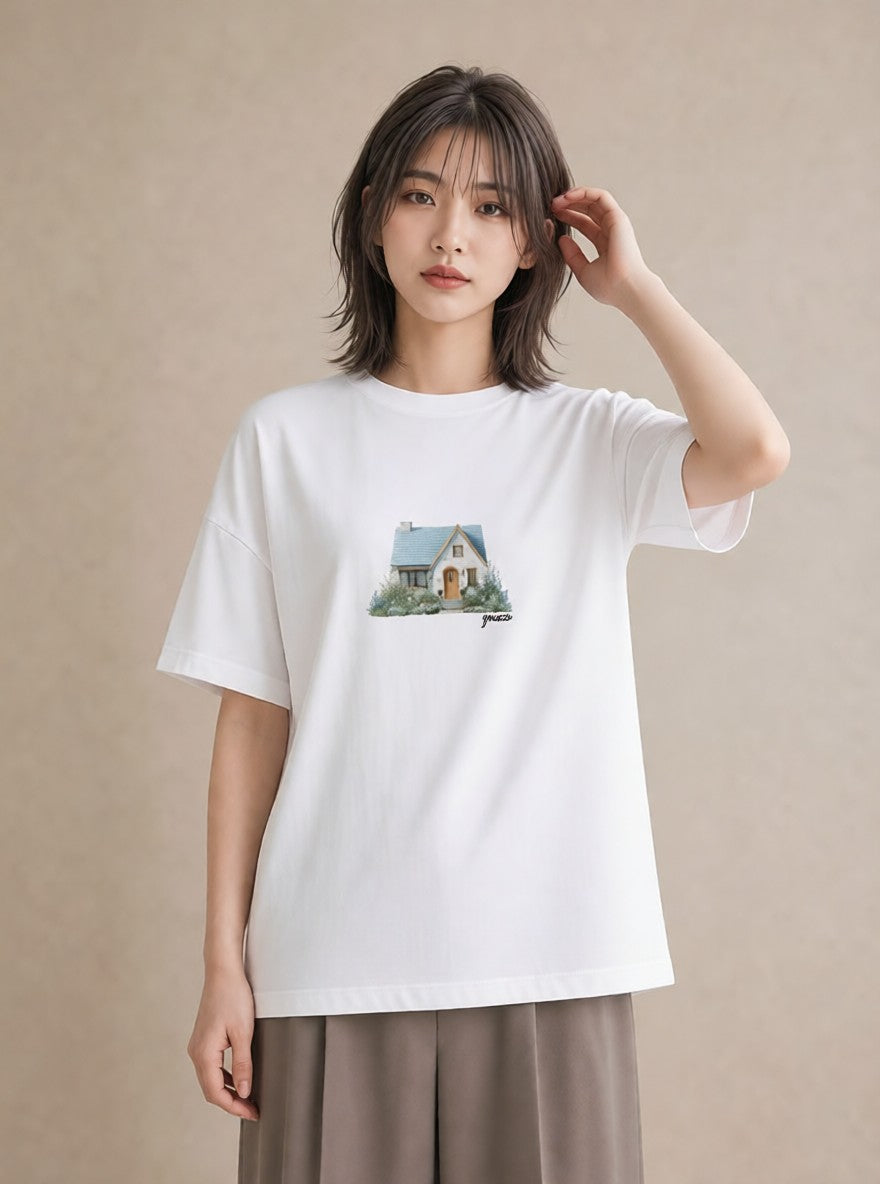 Tシャツ レディース 灯りの家 小屋 夜 ナチュラル アンティーク イラスト 上品 海 カフェ巡り 白T YMAZO