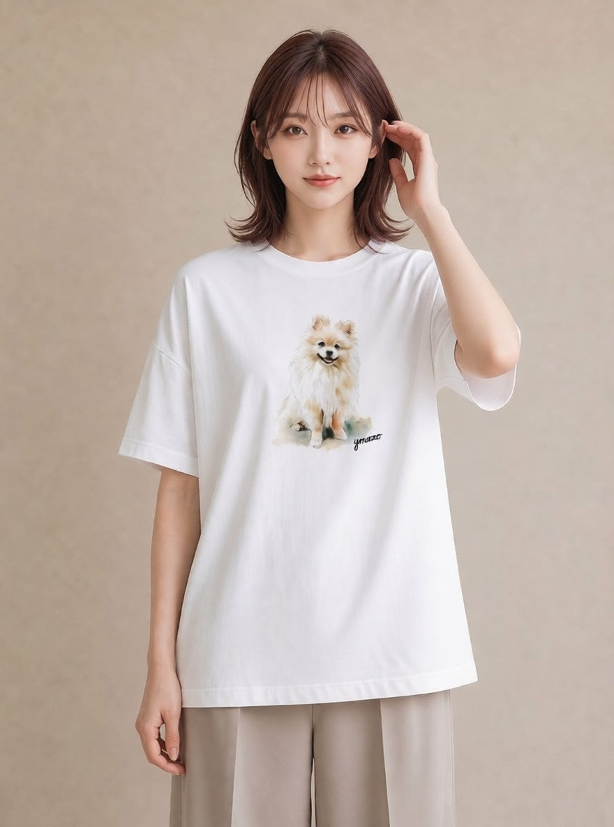 グラフィックTシャツ レディース ポメラニアン ポメ 犬 いぬ イラスト 個性的 女性向けギフト 散歩 白T YMAZO