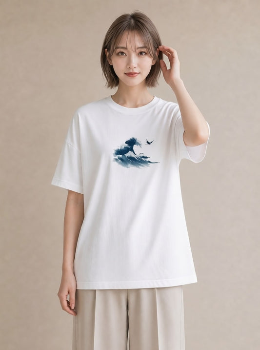 デザインTシャツ レディース 波 星空 宇宙 イラスト ヴィンテージ風 ギフト 母の日 白T YMAZO