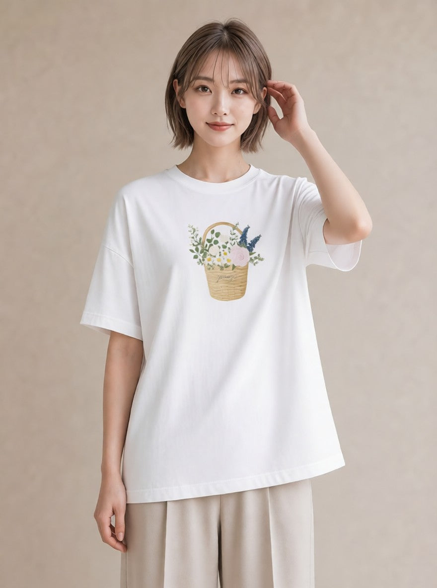 グラフィックTシャツ レディース 自転車のかご 自転車 花かご ナチュラル アンティーク イラスト 旅行 母娘コーデ 白T YMAZO