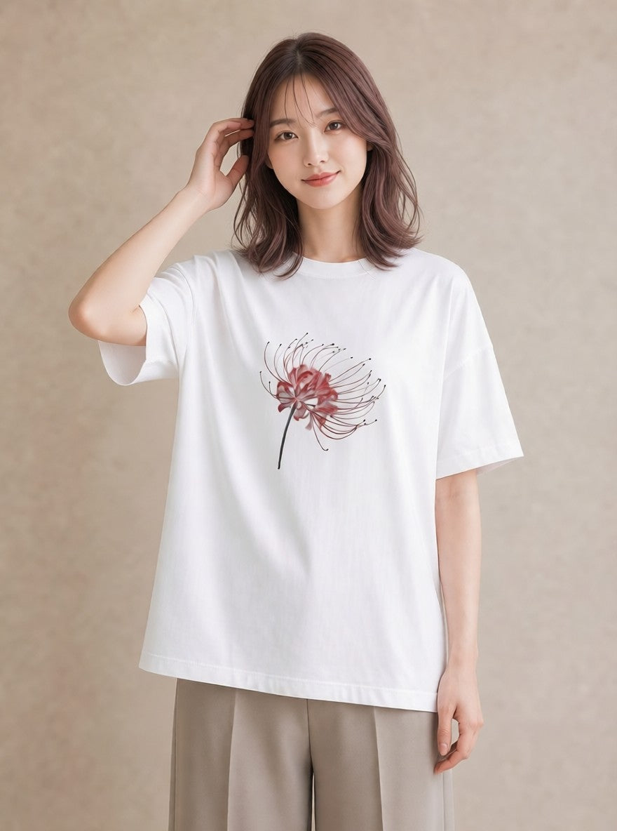 グラフィックTシャツ レディース 彼岸花 花 花柄 イラスト 抜け感 敬老の日 ホワイトデー 白T YMAZO