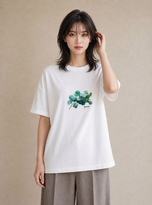 半袖Tシャツ レディース 葉っぱ 植物 ボタニカル イラスト ニュアンス カフェ服 クリスマス 白T YMAZO