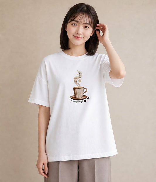 半袖Tシャツ レディース コーヒー 珈琲 カフェ 食べ物 フード イラスト 水彩風 クリスマス 旅行 白T YMAZO