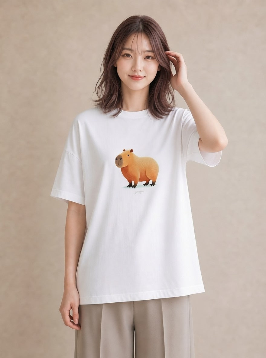 Tシャツ レディース カピバラ かぴばら 動物 アニマル イラスト 個性的 友達ギフト 部屋着 白T YMAZO