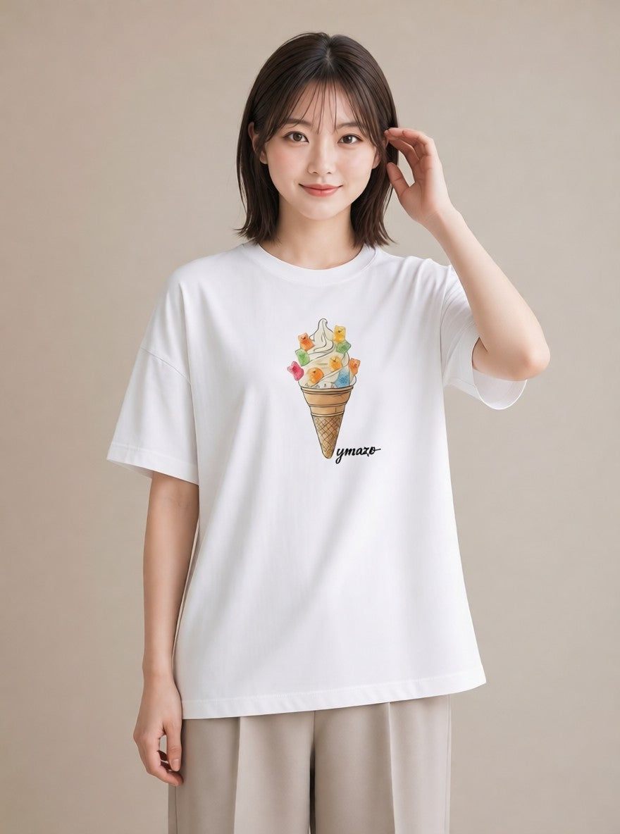 半袖Tシャツ レディース パフェ 食べ物 フード イラスト ボタニカル お出かけ 普段着 白T YMAZO