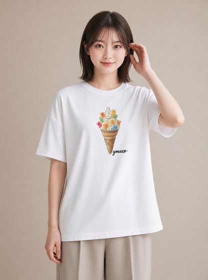 半袖Tシャツ レディース パフェ 食べ物 フード イラスト ボタニカル お出かけ 普段着 白T YMAZO