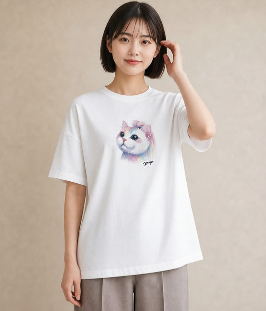 プリントTシャツ レディース ニャンコ 猫 ねこ イラスト お洒落 買い物 夏コーデ 白T YMAZO