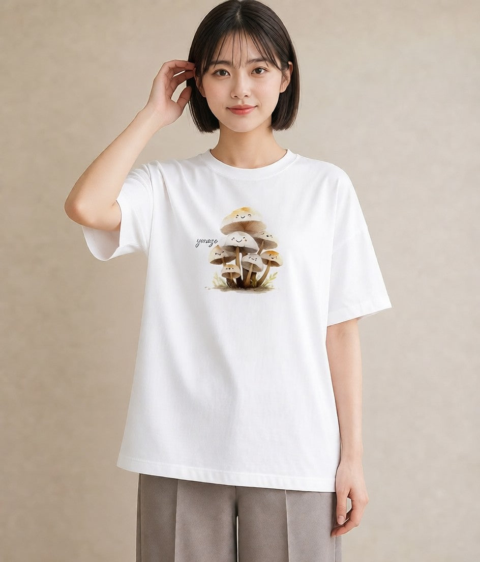 プリントTシャツ レディース きのこ 植物 ボタニカル イラスト シンプル レイヤード 友達ギフト 白T YMAZO