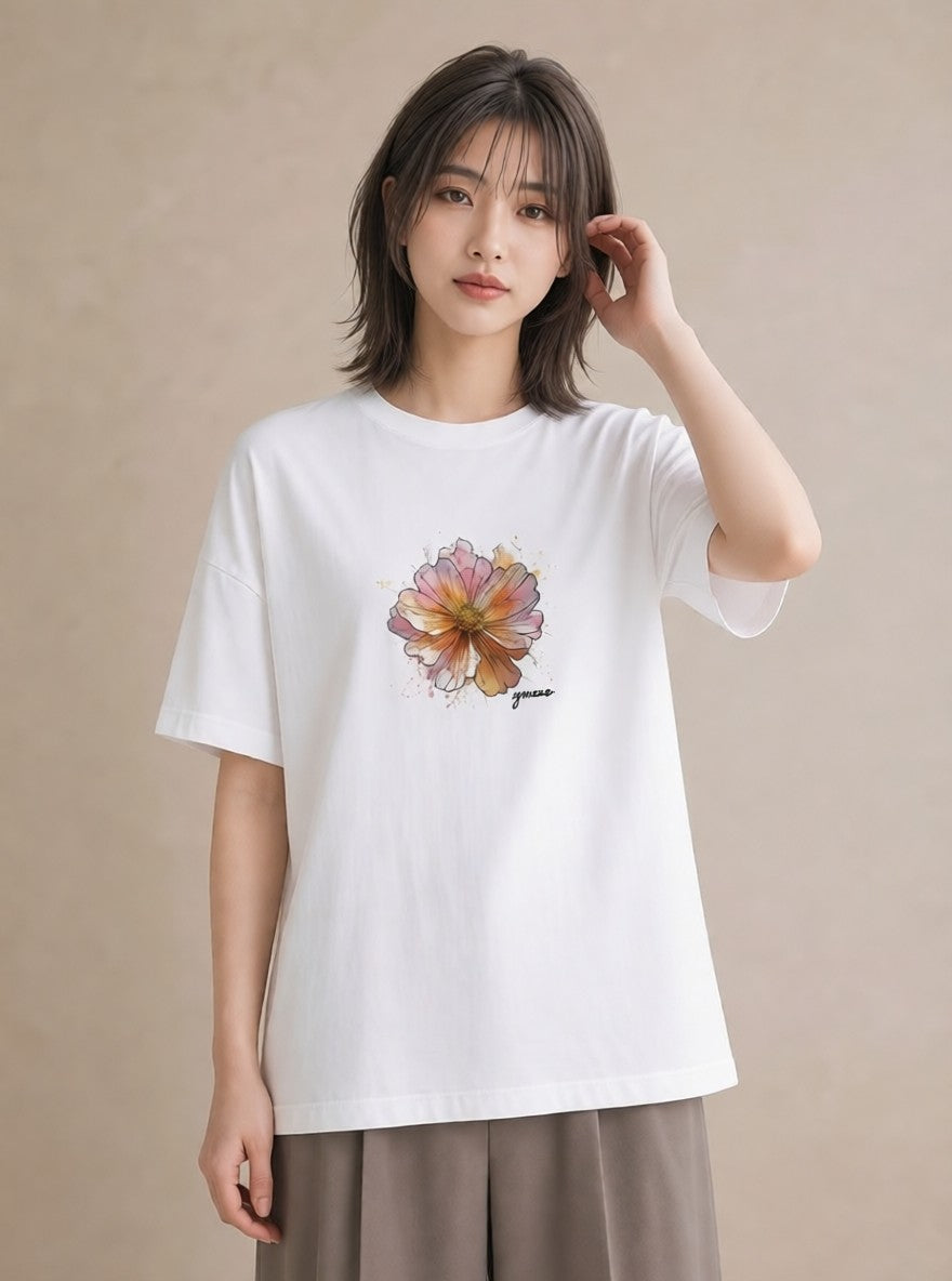 半袖Tシャツ レディース コスモス 秋桜 花 花柄 イラスト 淡色 在宅 公園 白T YMAZO