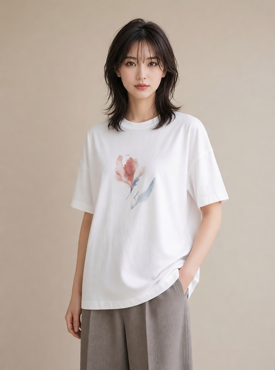 プリントTシャツ レディース チューリップ 花 花柄 イラスト ユニーク 在宅 公園 白T YMAZO