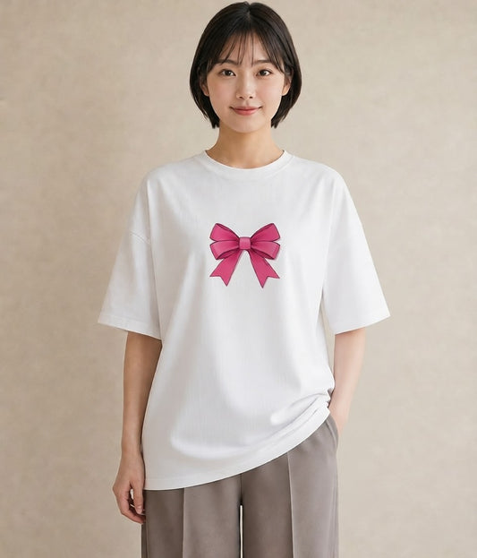 グラフィックTシャツ レディース リボン ボウ りぼん イラスト ガーリー 誕生日プレゼント 綿100 白T YMAZO