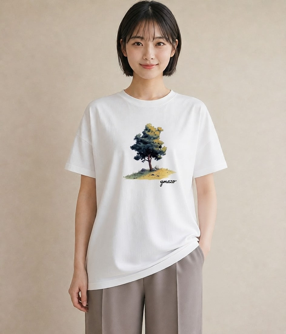 プリントTシャツ レディース 青の水彩 風景 ブルー ナチュラル アンティーク イラスト 淡色 送別ギフト 通勤 白T YMAZO
