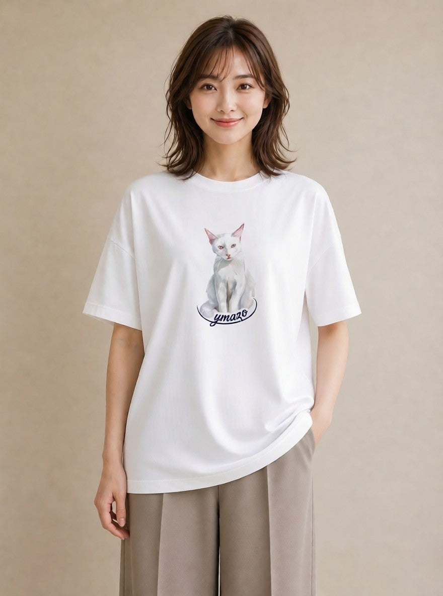 プリントTシャツ レディース 肉球 猫 ねこ イラスト こなれ感 ビーチ デイリーウェア 白T YMAZO