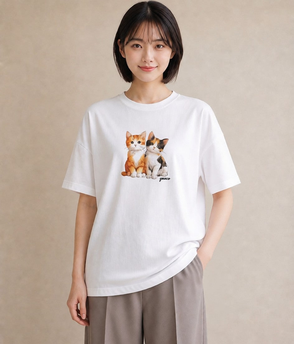 Tシャツ レディース ぶち猫 猫 ねこ イラスト ボタニカル 買い物 夏コーデ 白T YMAZO