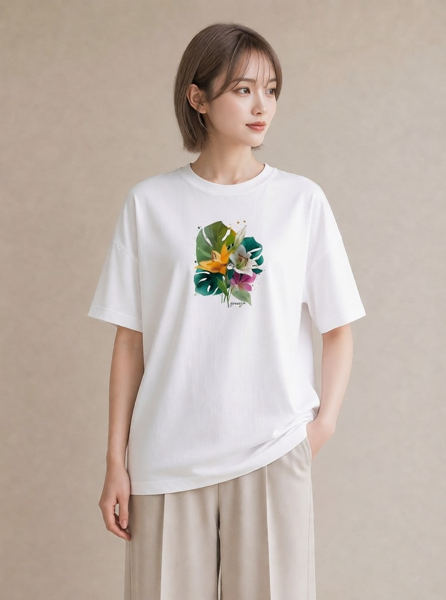 半袖Tシャツ レディース ゆり 百合 花 花柄 イラスト ニュアンス ラフ レイヤード 白T YMAZO