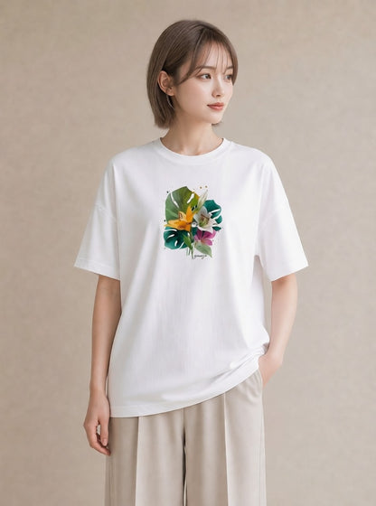 半袖Tシャツ レディース ゆり 百合 花 花柄 イラスト ニュアンス ラフ レイヤード 白T YMAZO
