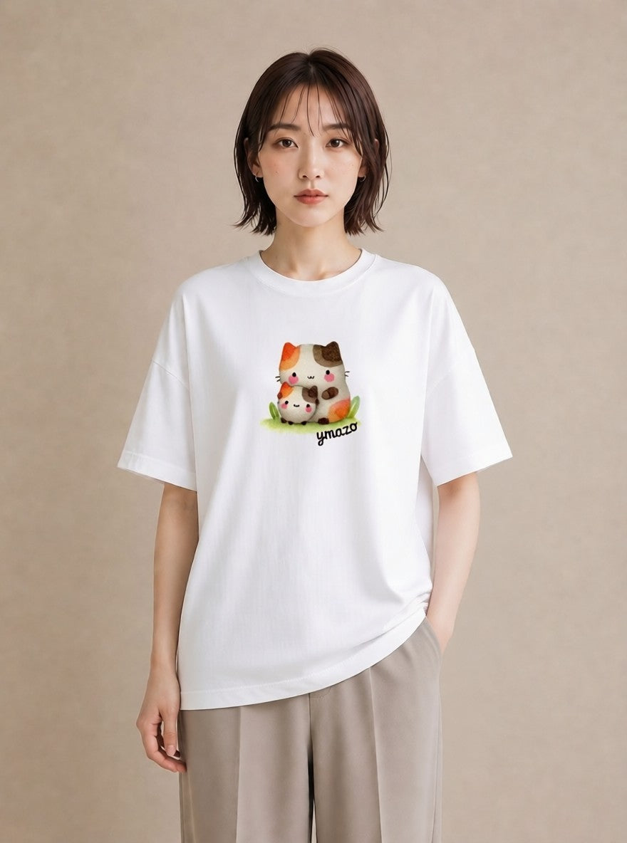 半袖Tシャツ レディース ニャンコ 猫 ねこ イラスト ナチュラル カフェ服 クリスマス 白T YMAZO