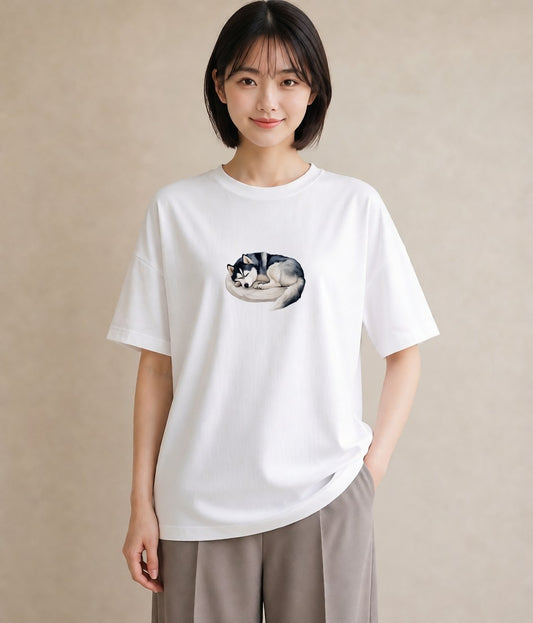 Tシャツ レディース シベリアンハスキー 犬 いぬ イラスト 抜け感 誕生日プレゼント 綿100 白T YMAZO