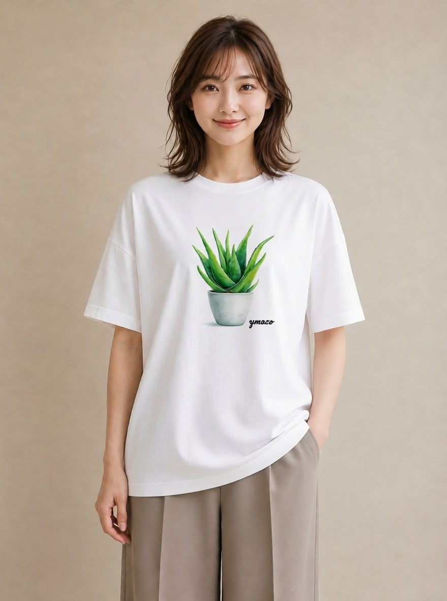 プリントTシャツ レディース サボテン 植物 ボタニカル イラスト カフェコーデ 夏コーデ 通学 白T YMAZO